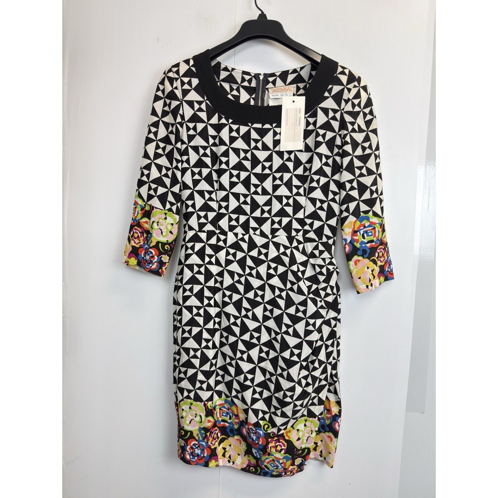 90s Vintage Alma Silky Geometric Dress Size EU 42, US M 3/4 Sleeve Made in Italy